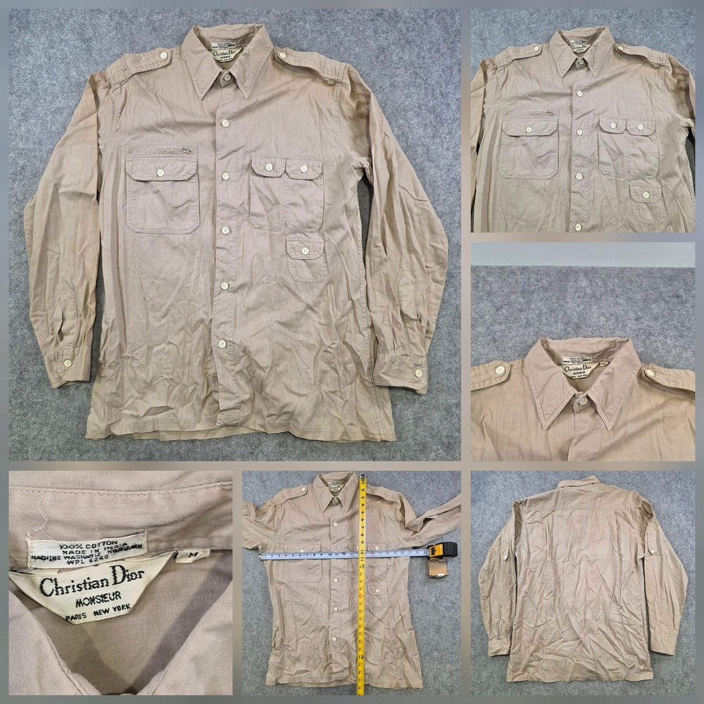 VTG Christian Dior Monsieur Shirt Mens Medium Beige Safari Utility Pockets